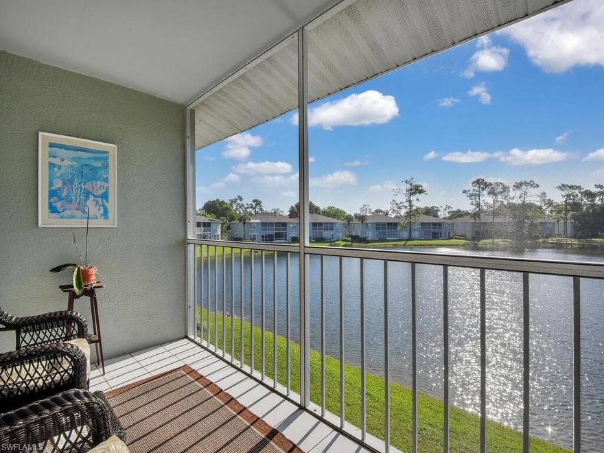 You'll want to see this second floor, light and bright lakefront carriage home first!  Featuring a cathedral ceiling in the living room & one of the best lake views at New Waterford! $12.000 in recent improvements: New storm shutters on all windows, new AC, water heater, newer kitchen appliances, updated primary and guest bathrooms, recently painted, new flooring in great room, newer carpeting in bedrooms & new screening on lanai, one of the best lake views from a large screened lanai.  Furnished with exceptions; 1 car garage. New Waterford & Berkshire Lakes have great amenities for low fees including an on-site heated pool. Berkshire Lakes is a lushly landscaped community boasting a Community Clubhouse with a heated pool, tennis courts, fishing pier & an outstanding lakeside walking path.  Nearby at Berkshire Commons are Starbuck's, Publix, Walgreens, First Watch Cafe, banks & more.  As a Naples resident, you'll enjoy the Gulf of Mexico's sandy beaches, world class shopping, dining and entertainment. The perfect place for a winter retreat where you & your guests can enjoy the relaxing lifestyle you're looking for in SW Florida! View the virtual tour now! Ready for quick occupancy!