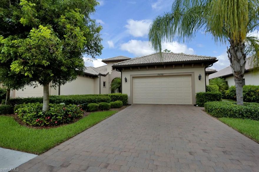 Situated on a golf course view lot with western exposure, this former model was appointed and interiorly decorated by Robb and Stucky to the highest standards. The spacious 2116 square feet of living space presents high ceilings and a sense of openness that flows from the interior to the screened lanai and inground pool/spa and golf course. Each room exhibits the quality and style of a model home. Well maintained and rarely used, this residence can also be made available fully furnished with a separate transaction. The kitchen features granite counter tops, breakfast area and 42 inch wood paneled cabinetry. Guest bathroom is also appointed with granite counter top and upgraded wood paneled vanity .Flooring is upgraded tile in all areas except the bedrooms. Custom in ground pool is heated and features a pool, spa and shallow seating area.  Lely Resort membership is mandatory and provides an incredible list of resort amenities. Golfing is optional and memberships available.