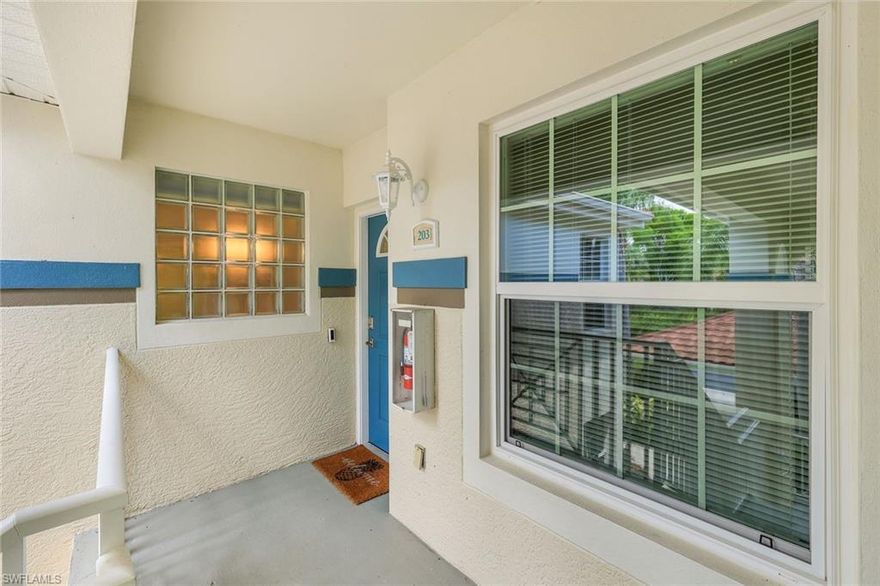 Experience relaxed Florida living in this inviting 2nd-floor garden condo located in the sought-after community of Lighthouse Bay. Filled with natural light and cheerful coastal-inspired accents in shades of blue, green, and yellow, this 2-bedroom plus den, 2-bath residence offers a warm and welcoming atmosphere. A detached covered carport adds everyday convenience, while the den features stylish wood and glass sliding barn doors, creating the perfect flex space for guests, a home office, or media room. Comfortable carpeting extends throughout the main living spaces, with tile flooring in the kitchen and bathrooms for easy maintenance. The bright kitchen is designed with white cabinetry, light countertops, stainless steel appliances, and updated lighting that adds a modern touch. Wake up to peaceful lake views from the spacious primary suite, complete with private lanai access and an ensuite bath featuring dual sinks and a walk-in shower. The guest bedroom is privately situated near the front entry, offering comfort and separation for overnight visitors. The screened lanai provides a quiet outdoor retreat overlooking the lake an ideal place to sip your morning coffee, enjoy gentle breezes, or relax at the end of the day. Bright, comfortable, and perfectly suited for the Southwest Florida lifestyle.  For your protection the lanai has hurricane shutters. This condo is a wonderful opportunity to enjoy all that Lighthouse Bay has to offer. You will appreciate the added protection of stone-coated steel roofs installed community-wide in 2020. Located within the gated community of Lighthouse Bay, residents enjoy exceptional resort-style living with access to five swimming pools, including a lap pool, 2.5 miles of scenic walking and jogging paths, tennis courts with a pro on staff, a robust bocce program, two boat houses, a fitness center, sauna, clubhouse, library, and an Arts & Learning Center. As an added bonus, a Bronze Membership to the Brooks Commons Club is included, granting access to a private restaurant, enrichment center, pickleball, and vibrant social programs. Gold Memberships are available for upgrade, providing access to The Commons Club Private Beach with chaise lounges, umbrellas, an ice/water dispenser, conveniently located restrooms, and Beach Parking Reservations during the construction of the new club. Ideally located just minutes from Coconut Point Mall, dining, entertainment, Southwest Florida International Airport, and pristine Gulf beaches!