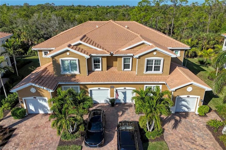 Final Price Reduction--Must Sell!! Originally listed for $358,000 just 44 days ago. Lowest price condo in Creekside Preserve by far..Seller has moved so condo is now empty of all furniture & they must sell! 3 Bedrooms, plus Den, 2 Baths. No CDD in this community. Gated Creekside Preserve is a prime location situated between Fort Myers and Estero, offering convenient access to a variety of amenities such as new restaurants, Coconut Point Mall, Gulf Coast Town Center, Miromar Outlets, and RSW Airport, all just minutes away. This charming community consists of 168 Coach Homes, featuring a lakeside pool, clubhouse, and fitness center.

Upon entering this spacious and bright home through the first-floor entry stairs, you will find two guest suites that share a bathroom and laundry area. The kitchen boasts granite counters, white wood cabinets, a tile backsplash, and a large pantry with ample shelving. The AC Handler & Condenser with wireless thermostat were newly installed in 2023, along with a Hot Water Heater. A Samsung refrigerator was also added in 2024.

Shutters were installed on all windows and the lanai in 2021, featuring accordion-style shutters that can be secured from the inside. Additionally, all window and lanai screens have been upgraded to no-see-um screens. The bedrooms received upgraded carpet and padding in 2023, and an Ultra main electrical panel with a whole house surge protector was installed the same year.

The property includes a brick inlaid driveway, a one-car garage with an entry door into the home, as well as a front door. The garage door and sensors were replaced in 2024, and a new front door and door to the garage has been installed by the association this week.(they still need to be painted) The walls are painted in soft tones of grey, creating a serene atmosphere.

The Master Bedroom features a walk-in closet with ample space, and a bonus room can serve as an office or den. The lanai offers additional storage space, making this home both functional and inviting.
The Western exposure from the screened lanai allows for amazing colorful sunsets overlooking the Estero Preserve.  Wildlife enthusiasts can also enjoy the sights and sounds of various bird species that are part of the Estero Preserve habitat.