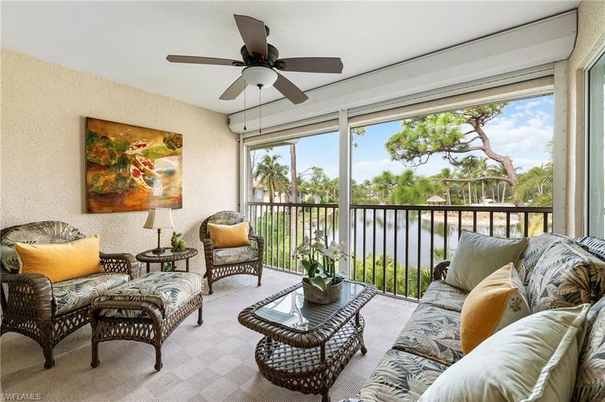 Welcome to this stunning 2 bed + Den and additional large BONUS room which can be used as a hobby room, exercise room, extra bedroom, etc., and 2 1/2 bath spacious END UNIT located in the heart of Estero! Very well maintained and recently updated ! This 2nd floor, volume ceilings coach home with 2-car attached garage offers almost 2000 Sq.ft of living area and gorgeous lake view! Just short walk to the clubhouse. Recent updates include: NEW roof, gutters, outside paint -2023,  AC 2023, Kitchen appliances and Washer/Dryer-2022,New toilets-2022, water heater-2021. The entire unit was painted inside in 2023. Master bath tub and countertops in all bathrooms refinished in 2023! Plantation shutters in Master bedroom and flexible room, motorized hurricane shutters on Lanai. Epoxy flooring in the garage and much more! Also unit can come furnished for your convenience! Coconut Shores located West of 41, close to Coconut Point Mall, Shopping, Dining, Florida Gulf Coast University, Fort Myers Airport & Beaches. The Community has a Club house, Pool, Hot tub , Exercise Room, Tennis Courts, Pickleball ,shuffle board and beautiful BBQ picnic area!