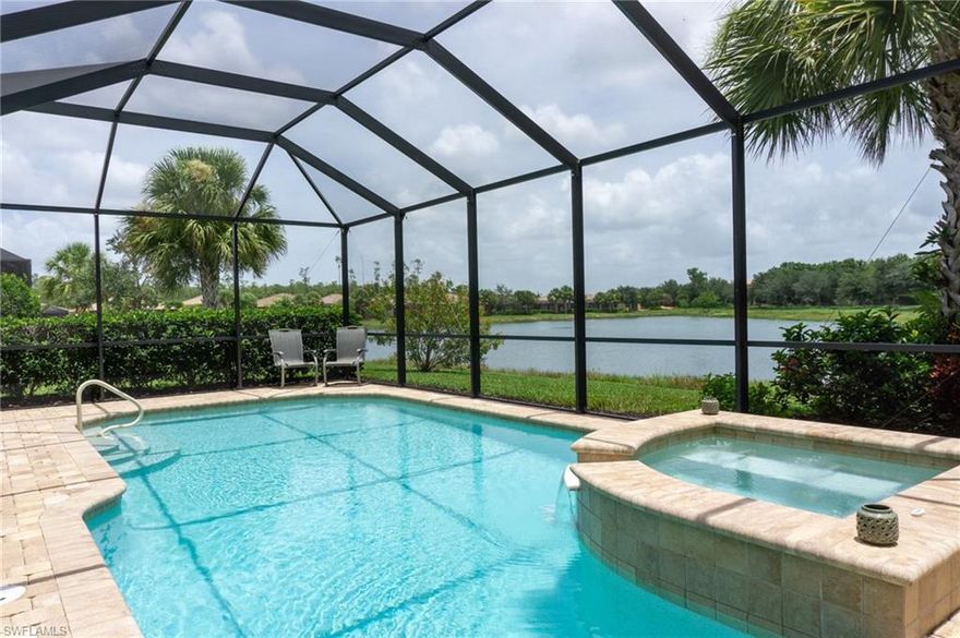 Nothing to do but move in. Discover luxurious indoor and outdoor living in this immaculate saltwater pool home with a built-in spa. 
 This home offers an incredible Lakeview with a preserve beyond offering privacy and a beautiful Florida landscape. Some of the many upgrades include;  a gourmet kitchen, an oversized two-car garage with a 4/foot extension, plantation shutters, neutral tile throughout,  and a built-in California closet in the owner's suite. Located in the Preserve at Corkscrew, one of Estero's premier gated communities with 441 single-family homes already built and settled in. A pet-friendly community with Low HOA fees that include lawn maintenance, 24-hour guard attended gate, resort-style amenities, sidewalks, streetlights, and best of all, a PRIME SW Florida location close to beaches, shopping, dining, golf, interstate, airport, and more.
As an added bonus; a quick closing is available and the furniture can be purchased separately.