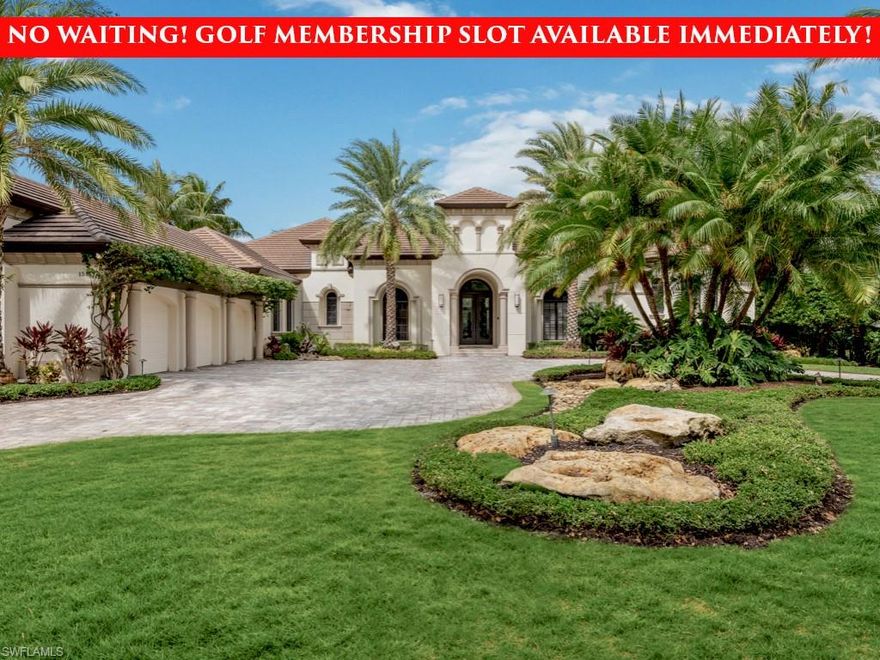NO WAITING, GOLF MEMBERSHIP SLOT AVAILABLE IMMEDIATELY - NEWLY RENOVATED PRIVATE BEACH CLUB - Nestled within the prestigious golf and country club community of Mediterra in Naples, Florida, this exquisite estate home, crafted by the renowned McGarvey Custom Homes, epitomizes ultra-luxury living. Upon arrival, a private circular driveway leads to a grand foyer entry that sets the tone for the opulence that awaits. With four elegantly appointed bedrooms—including a private cabana perfect for hosting extended guests—this residence offers both comfort and sophistication. Transitioning seamlessly, the formal living and dining rooms exude refinement, while the gourmet chef's kitchen, equipped with professional-grade Wolf appliances, double ovens, and a generous prep island, invites culinary creativity. Furthermore, the expansive family room, framed by towering glass sliding doors, opens to an oversized screened lanai, where outdoor living comes to life with a fully equipped kitchen, ample seating, and a stunning tropical lagoon-inspired pool and spa, complete with a lively rock waterfall and serene lake views. The primary suite serves as a personal retreat, boasting a spacious seating area, direct access to the lanai, and a spa-inspired bath designed for relaxation with its walk-in shower, dual vanities, and independent soaking tub. Additionally, the home features a convenient air-conditioned 3-car garage and a reliable home generator, ensuring that luxury meets practicality at every turn. Mediterra is a prestigious luxury golf & country club community featuring Two championship Tom-Fazio golf courses for avid golfers, multiple tennis courts, pickle-ball & bocce, fitness center, pristine bike & jogging trails, and luxurious dining at the private country club restaurant. The Mediterra Beach Club offers an escape to a 10,000 sq. ft two-story private oceanfront paradise on the Gulf of Mexico. Featuring a restaurant & bar that serves members via indoor & outdoor dining, this private facility boasts a heated swimming pool, a sundeck, and cabana beach service for chairs, umbrellas & refreshments.