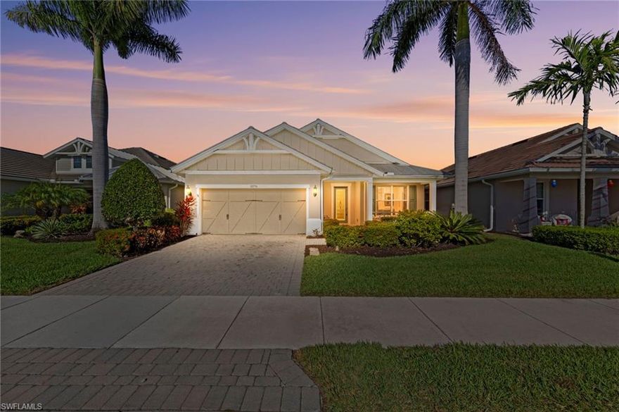 Welcome to 10594 Tidewater Key Blvd., in the attractive Tidewater by Del Webb 55+ active adult gated community. This beautiful Martin Ray model home offers 2 Bedrooms + Den, 2 full Bathrooms and a spectacular lake view. The 2-car garage also offers extra space for a golf cart.  Inside you will find a chef's kitchen with large island, butler's pantry with a Kitchen-Aid wine fridge, walk-in pantry, Granite countertops, Natural Gas for cooking, tile floors in main living areas, coat closet by the garage door, and more! The Master suite offers a quiet retreat, ensuite bath with large shower and custom finished walk-in closet. The beautiful interior flows seamlessly to the outside. where you will find an extended covered lanai, with motorized roll-down hurricane shutters to allow outdoor furniture storage during storms. Beyond the covered area, the lanai offers space to relax with a view of the lake and fountains. This home offers the perfect amount of space for two, yet provides an extra bedroom for company! The award-winning amenity center offers bocce ball, pickle ball, tennis a resort-style pool and more! Tidewater by Del Webb is Estero's premier Active 55+ community, offering the perfect location in Estero, and NO CDD! Close to RSW Airport, Miromar Outlets, Hertz Arena, I-75... and a short drive to the sandy beaches of SWFL. Welcome home!