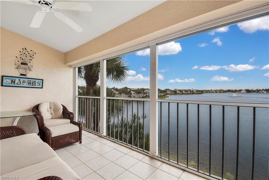 RARE find - 3rd floor end unit! Wonderful great room layout w/ all of the main living area & the master bedroom having a peaceful & serene lake view. Perfect home for seasonal or annual SWFL living w/ a split bedroom floor plan, spacious kitchen, breakfast nook & formal dining area, laundry room w/ storage, master w/ walk-in closet & renovated bath that includes a frameless shower enclosure, cathedral ceilings, and a long screened lanai overlooking the lake giving you ideal outdoor living space. Lakeside of Naples is a privately-owned, residential community located in the heart of Naples. Conveniently located off Airport Road, Lakeside of Naples is a quick drive to world-class beaches, shopping and restaurants in Naples. One of the community pools is just a short walk from the home, and the lakefront community center offers a pool, spa, sauna, weight room, shower, kitchen facilities, library, & more. The property features five clay tennis courts, playground, shuffleboard, kayak storage, bocce, basketball court, and a 1.5 mile walking path.