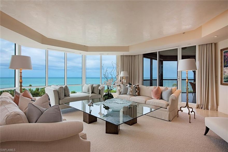 An artistic statement of timeless elegance, this Judith Liegeois designed residence is featured in Architectural Digest. World-class Windsor is located on the beach in the exclusive privately-gated community of Bay Colony and enjoys the reputation of one of the finest condominium buildings in Naples, Florida. Arrive home by private elevator to a wide open unobstructed view across the Gulf of Mexico and white sugar-sand beach. Nine-foot ceilings and walls of glass set the tone for this spacious 6,200 square foot home comprised of four bedrooms, four-and-a-half baths, family room, executive office, chef’s kitchen complete with gas cooking and three oversized screened terraces. Luxury amenities include 24-hour staffed front desk service, three guest villas, secured garage parking, conference and social rooms, fitness center and resort style swimming pool and spa. Membership in the private Bay Colony Beach and Tennis Clubs is included. Golf membership available separately.