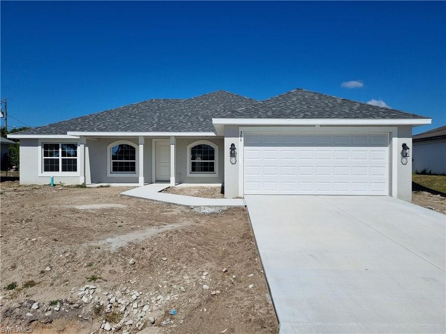 New Construction - Welcome to your brand-new sanctuary! This stunning 3-bedroom plus den, 2-bathroom home in highly sought-after NW Cape Coral offers the perfect blend of sophisticated design and everyday functionality. From the moment you arrive, the custom front porch railing and professional "green-carpet" landscaping set this home apart.
Inside, you’ll find an open-concept layout with sleek tile flooring throughout—ideal for keeping things cool and easy to maintain. The gourmet kitchen is a chef’s dream, featuring gleaming granite countertops, upgraded cabinetry, and a full stainless steel appliance package. Retreat through elegant French doors to your private lanai, perfect for morning coffee or sunset cocktails. With a digital sprinkler system keeping your lawn pristine, this move-in-ready gem is the epitome of the Florida lifestyle.