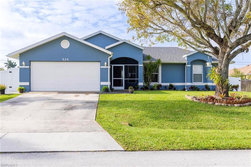 Here it is, an Affordable South Cape Coral Pool Home in Paradise!    This is a Central Location near Schools, Restaurants and short drove to the Beaches of SW Florida.   Enter the Home to immediate views of the Backyard Pool and Fenced in Yard.   The Split Bedroom Plan features a Master Suite with Sliding Doors to the Pool Deck and Lanai, as well as a Separate Shower and Soaker Tub for your Relaxation.  One Guest BR is currently being used as an Office with the 2nd Bathroom also accessing the Pool area.  Sliding Doors from the Living Area lead to the Under Truss Lanai and the Pool and Spa that can be heated by Solar or Electric.   The Fenced in Yard offers Privacy and room for Kids, Grandkids, and Pets.  Both Accordian Shutters and Manual Shutters complete the home that is NOT in the FEMA Flood Zone so NO Flood Insurance is required here.   This home can be for First Time Homebuyers, Vacation Home Owners, or Investors and AirBnB Buyers and much more.   City Utility Assessments are all Paid here.   And the New Roof was installed just 3 yrs ago.  And this Home can be purchased with a Home Warranty from the Seller.