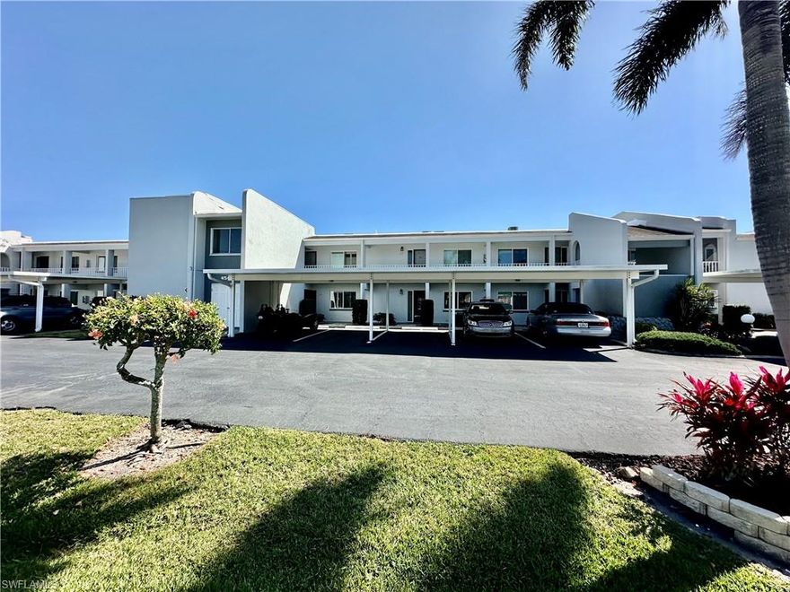 Gulf Access Waterfront Condo.  Two BR/2 BA second floor unit is being offered turnkey with beautiful water views.  
Covered parking and exterior storage closet.  Primary suite is spacious with water views and access to lanai. Laundry room is adjacent to kitchen with Washer & Dryer.  New Roof 2024.  AC 2022.   Roll down hurricane shutters on the lanai.  With gulf access, you will have opportunities for your boating adventures.  This 55+ community is located in the heart of Cape Coral.  Community has a clubhouse, pool and dock areas.  Located in a prime downtown area with easy access to plenty of dining, parks, shopping, entertainment and nightlife.  Welcome to Paradise!