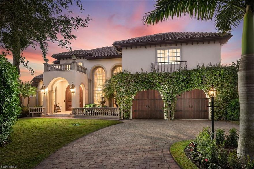 Magnificent estate home with exquisite architecture and unparalleled quality on a prime cul-de-sac lot with southwestern wraparound lake views. Magical outdoor space on sprawling lanai with stone deck, summer kitchen, charming stone fire pit, arbor sitting area and wood ceilings. Stunning natural stone flooring throughout 1st floor, hand-carved marble fireplace, columns & hand-carved natural sandstone fountain. State-of-the-art finishes to baths, kitchen and laundry room from recent renovation include fabulous marble waterjet mosiac, white Thassos marble, pure white glass tile, and Italian porcelain with white Thassos marble accents. Sprawling space perfect for a large family; spa-like master suite, study, two en-suite guestrooms downstairs, huge media room and two guestrooms upstairs. Spectacular renovated cook’s kitchen with gleaming quartz, Viking double oven, 5-burner gas stove open to spacious sundrenched dining & family room with 10-foot zero-edge pocket sliders. Features include 20-foot ceilings, dramatic 14-foot windows, 10-foot mahogany front doors, tankless hot water heater, Allani whole-house filtration, 100-bottle wine room, well irrigation, Zoysia grass, new roof 2018.