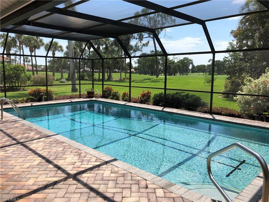 Enjoy beautiful golf course views and sunsets from your lanai! This is a beautiful 3 Bedroom/ 2.5 Bath Pool home with landscaping that creates so much privacy you will forget you have neighbors. Open floor plan, vaulted ceilings, spacious living & dining room areas. Kitchen opens to another eating area & family room w/fireplace. Sliding glass doors access the pool lanai from most every room. The lanai has a large covered area, is fully screened, has a bathroom next to the pool and an outdoor shower. Minutes away from Florida’s famous sugar sand beaches, restaurants & amenities. This home is located in the beautifully maintained Imperial Golf Estates gated community with surprising low HOA fees. Membership to the Imperial Golf Club is not required, but golfers love the (2) 18-hole Championship Golf Courses… they also offer affordable social memberships. The property is priced to allow for updating, so you can design and make it your own.  The roof is new, and driveway recently updated with brick pavers. The home is equipped with both electric & accordion storm shutters. Owners are willing to sell the home turnkey, so you can simply move-in and enjoy!