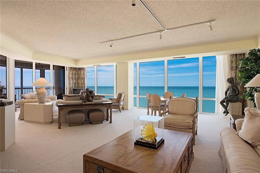 This rarely available southwest corner residence offers stunning direct beachfront views. Encompassing over 3,600 square feet of living space with three bedrooms, four full baths and a den, this home offers a split floor plan and an expansive lanai, making entertaining a breeze. Enjoy breathtaking beach and sunset views from the nine-foot floor-to-ceiling walls of glass. The laundry area has a separate generously sized storage room. Le Parc is one of Naples’ most sought-after buildings with ample amenities, including beachfront social room and fitness center, wonderful pool/spa area with gas grills, two guest suites, 24-hour front desk attendant, resident manager, two parking spaces and much more.  Le Parc is only moments from Venetian Village dining, shopping and entertainment. Park Shore residents may purchase or lease boat slips located across the street.