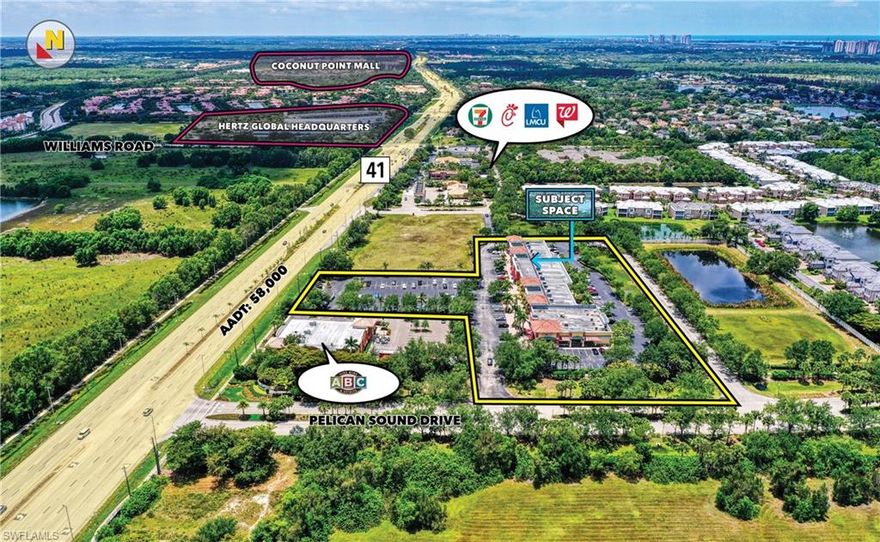 Secure your space at this 35,000 SF well located center in Estero adjacent to known tenants such as FedEx Office, RE/MAX, Anytime Fitness, Avis Budget, Jimmy John’s and many others. AVAILABLE: STE 107:1,120± SF. Available March 1, 2026. LEASE RATE: $24.00 PSF + NNN (est. $10.30 PSF). AVAILABLE: STE 118:1,400± SF. Available May 1, 2026. LEASE RATE: $24.00 PSF + NNN (est. $10.30 PSF). ZONING: MPD (Approved for a wide variety of retail, office and medical office uses). Located between Corkscrew Road and Williams Road at the SW corner of US-41 and Pelican Sound Drive, across from Hertz corporate headquarters (NYSE: HRI) and the 1.2MIL SF Coconut Point Mall.