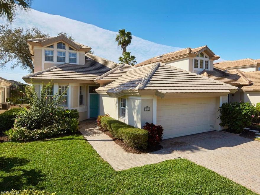 V. 2947 - Enjoy relaxing days in this meticulously maintained two story open floor plan villa with an expansive golf view and a sunny southwest exposure. Enjoy a wonderful open and airy Great Room floor plan with volume ceilings. Features include: 3 bedrooms, 2.5 baths, updated kitchen with custom cabinets and granite countertops, plantation shutters, new carpet throughout main living areas and new sundeck off master bedroom. All bathroom vanities newly replaced with quartz countertops. Screened in lanai with sun deck provides a wonderful entertaining area. This model perfect home is available for your immediate enjoyment. Turnkey furnishings available separately with some Exclusions. Roof replaced in 2004. Upstairs AC replaced in 2015, Ground Floor AC in 2016.  4 sets of impact resistant sliding glass doors.  Driveway, sidewalk and outdoor entertaining area are finished with stylish brick pavers.  2-car garage. The Enclave community has its own swimming pool a short walk away.  Enclave is close to the Club and the main entrance to Bonita Bay. Landscaping and community pool are the responsibility of the HOA.