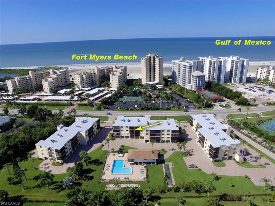 Fairview Isles Condo on South end of Fort Myers Beach.  Fresh updates to this condo include paint, appliances, water softener, LVT - Luxury Vinyl Tile flooring throughout living area with carpet in the bedrooms, solar tinted windows throughout condo with adjustable solar shade on lanai and honeycomb shade in master bedroom and furniture plus newer fans and light fixtures.  The entrance welcomes you to a condo to enjoy seasonally or you have the option to put in on site rental program.  Weekly rentals allowed.  Community has beach access at corner and movie theater, restaurants, shopping, beach tiki bar within walking distance.  Condo is being offered furnished with personal items excluded.  Complex offers New roofs 2018 - concrete restoration 2017 - paved parking lot, shuffleboard, bocce ball, community pool and community rooms for storage, bike storage, work bench, and by the pool there is a place to sit in the shade and play cards and to Bar B Que.  Great complex to live in!