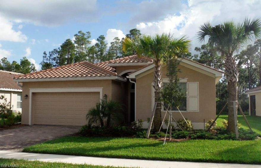 Wow - Southern Exposure 4 bedroom, 3 full bath, diagonal tile throughout the home, Grecian pool and spa with solar heating, oversized screened lanai with pavers throughout.  Granite in kitchen with custom tile backsplash, pendants in kitchen, stainless steel appliances in kitchen, pull out sliding drawers on each side of the range, large pantry, master bedroom has 2 large walk in closets, master bath has luxurious master tub and shower, one guest bedroom has a private full bath, washer/dryer included, beautiful light fixtures throughout along with ceiling fans in bedrooms and family room, window treatments are included. Gated community boasts clubhouse, community center, pool, lakes, ponds, tennis and basketball and so much more.  Come view this beautifully decorated home and community, you won't be disappointed.