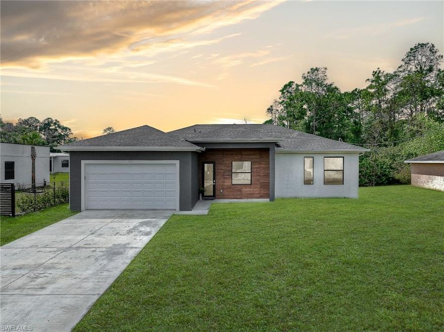 Perfect opportunity to own a brand-new, never-lived-in builder model in one of the fastest-growing areas of Southwest Florida. This stunning new construction home features a 100% concrete shell, offering exceptional durability and peace of mind. Built with top-of-the-line hurricane impact windows and doors, the home provides superior protection against the elements while maintaining a bright, modern aesthetic.
Inside, you’ll find 10-foot ceilings and luxurious porcelain tile flooring throughout the main living areas, creating a seamless and contemporary feel. The spacious open-concept layout centers around a beautiful kitchen featuring quartz countertops, offering elegance, durability, and practicality for everyday living and entertaining.

This spacious 5-bedroom, 3-bath residence offers flexible living space for families or guests and includes a convenient washer and dryer utility room. Step outside to enjoy the covered lanai and private backyard, perfect for relaxing or entertaining, along with a full irrigation system to maintain the landscaping with ease.

This is a rare opportunity to own a move-in-ready new construction home offering luxury, security, and modern design in a prime location. Don’t miss your chance to secure this exceptional property.