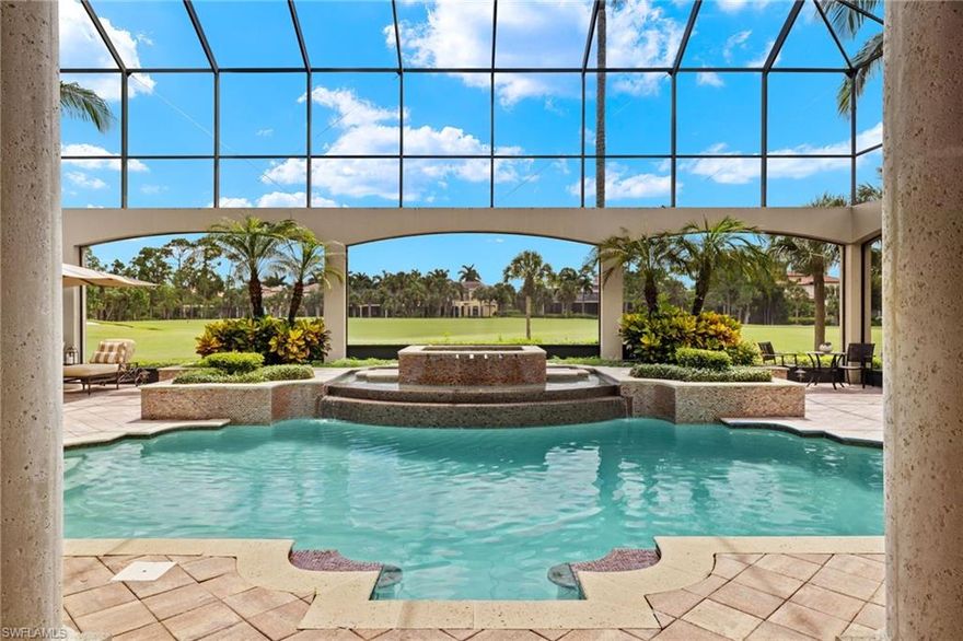 Welcome to 15118 Frescott Way in Mediterra, the ultra exclusive gated golf community renowned for its timeless and elegant Santa Barbara-inspired architecture. This 4 Bedroom + Den, 5.5 Bath home is truly an entertainer's dream.  Enter from the expansive motor court through dramatic wrought iron gates into a tranquil and elegant courtyard with fountain and mature plantings.  Formal living room with soaring ceilings and gas fireplace overlooks the private outdoor living area.  Formal dining room is ideal for entertaining and family dinners. The bright and open informal living area boasts a true chef's eat-in kitchen replete with wood-paneled Subzero and Asko appliances, Wolf 6-burner gas range, butler’s pantry, wet bar and even a wine cellar.  Gorgeous informal living and dining area with walls of glass opens out to the large covered and screened-in lanai overlooking the 15th hole with a pool and spa with waterfalls, multiple seating areas, outdoor kitchen/bar and gas fireplace seamlessly blending indoor/outdoor living.
Private home office with handsome custom built-ins and convenient powder room.  The Master Suite is a true sanctuary.  Spacious bedroom includes a sitting area with gas fireplace opens out to lanai and pool.  The en-suite bathroom is a true oasis reminiscent of an elegant hotel bath replete with separate vanities, separate water closet, bidet, oversized walk-in shower with dual shower heads, Jacuzzi tub and a steam room. Dual walk-in closets with custom built-ins.
Upstairs features a spacious club room with custom built-ins with an elegant bar is the ideal media room complete with wall of glass opening out to a terrace.  Additional spacious guest suite completes this floor.  This home is equipped with a central vacuum system, multiple A/C zones, and a tankless hot water heater.  3-car attached garage with epoxy floor plus great storage.
This renowned and desirable community with 1700 acres of pristine and mature landscaping, preserve, winding streets and several optional club membership packages including the gorgeously renovated and newly opened beach club on nearby Bonita beach.  Mediterra is ideally located in North Naples, and just a short drive to the beach as well as the prominent dining & shopping experiences of Mercato, Waterside Shops and 5th Avenue.  Truly exceptional. This home is available for rent as well.