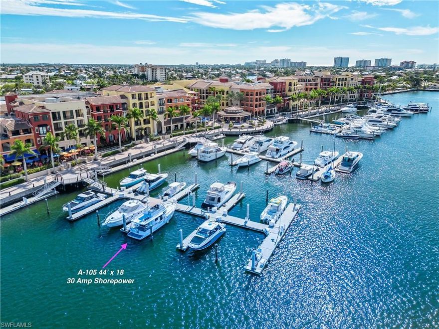 Don't miss this incredible opportunity to own a premium 40 foot boat slip at the prestigious Esplanade Marina in the heart of Marco Island!  This deeded slip offers effortless docking with easy in-and-out access, an 18-foot beam, and deep water — accommodating boats up to 44 feet in length. Ideally located near the parking area, it makes loading and provisioning your boat quick and convenient.  Enjoy breathtaking sunsets over Smokehouse Bay while relaxing at waterfront favorites like CJ's on the Bay or Mango's Dockside Bistro, just steps away. The Esplanade Shoppes, grocery stores, and marine supply retailers are all within walking distance for ultimate convenience.  The marina provides water, cable, Wi-Fi, 30-amp shore power, and pump-out service, plus gated security, nearby parking, and an on-site dockmaster available daily. Owners also enjoy access to the Captain's Lounge with showers, laundry, and restrooms.  Whether you're a weekend cruiser or a full-time boater, this slip offers the perfect combination of luxury, location, and lifestyle on Marco Island. 

Quarterly fees = $1266.71 = $5,067 Annual Total. 
Slip taxes are included in these quarterly fees. 
NO Capital Contribution upon purchase.