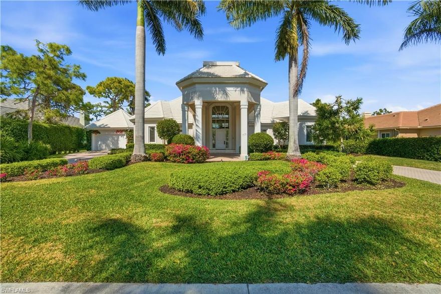Beautiful estate with spectacular golf course views, ideally located within the coveted Audubon Golf & Country Club in North Naples. Step through the front door and immediately experience soaring 20-foot volume ceilings, elegant marble flooring, and expansive windows that flood the home with beautiful natural light, creating a bright, open, and inviting atmosphere throughout. Thoughtfully maintained, the home features a newer 2019 roof, buried propane tank (2020), and updated HVAC system (2020). The contemporary interior showcases a spacious floor plan featuring 4 bedrooms/den, 5.5 baths, dual living areas with fireplaces, and a stunning formal dining room highlighted by coffered ceilings and beautiful French doors—perfect for both everyday living and entertaining. The renovated chef’s kitchen features quartz countertops, white cabinetry, high-end appliances, and a spacious eat-in area ideal for casual dining or gathering with guests. The outdoor living area offers a true resort-style setting, complete with a spacious pool, spa, tanning shelf, and covered lounging area—all perfectly positioned to capture the stunning golf course views. The primary suite offers ample space for a private seating area, direct access to the lanai, and a luxurious en-suite bath with a large wrap-around walk-in shower. Audubon’s prime North Naples location is just minutes from Mercato and world-class beaches. This prestigious gated and guarded community offers an 18-hole championship golf course, tennis, pickleball, a scenic bayside boardwalk, and a beautifully renovated clubhouse with dining, as well as a second poolside club and café.