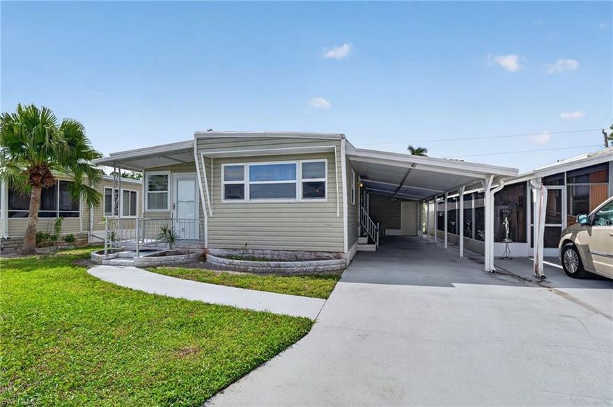 This inviting double-wide mobile home offers more than 1000 sq ft of comfortable living space in the desirable Enchanting Acres 55+ community. Featuring 2 bedrooms and 2 bathrooms, this Turnkey Furnished & well-maintained home is move-in ready and perfect for full-time living, seasonal enjoyment, or as a second home.
The front-facing kitchen is bright and functional, equipped with a dishwasher, microwave, electric range, and French door refrigerator—ideal for preparing daily meals or entertaining guests. Adjacent is a delightful Florida room with northeast exposure, perfect for morning coffee, relaxing, or enjoying the gentle breeze. Additional highlights include a convenient laundry closet off the second bedroom, newer vinyl flooring in the living room, a newer mini-split AC system, a repiped plumbing system, and newer water heater.
Residents of Enchanting Acres enjoy an active lifestyle with excellent community amenities, including a sparkling pool, shuffleboard courts, a spacious clubhouse with a resident kitchen, billiards room, and a well-stocked library. Water, sewer, trash, lawn care, and full use of all amenities are included in the low monthly fees.
Located in a prime Naples location, this home is just minutes from East Naples Community Part with a ton of pickleball action, Sugden Park, beautiful Naples beaches, and vibrant Downtown Naples. The popular Bayshore Arts District, along with shopping, dining, and entertainment options—including Publix, Denny's and Planet Fitness—are conveniently located right across the street.
Note: This is a Co-Op ownership community. Pets are not allowed.