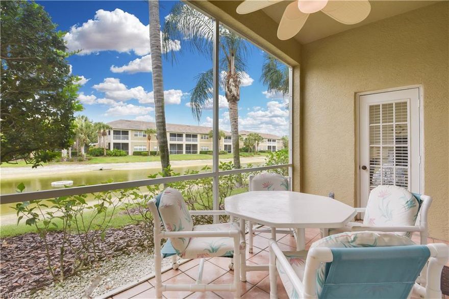 First floor unit being sold TURNKEY! Situated in a gated community within Gateway, this lakefront condo offers 2 beds, 2 baths, and a screened lanai. Wonderful open concept with large slider system in the great room & a split bedroom design, you will love the spacious feel of this home. The kitchen features an eat-in area with a large opening to the dining & great room and a pantry. The master bedroom with long window system having a lake view features plant shelving, door to screened lanai, and a large walk-in closet. The floor plan allows for guests to have plenty of privacy if needed, having the guest room set back from the main living area. Enjoy your morning coffee and watch the wildlife from the screened lanai. The a/c unit was replaced in 2015 and a new stacked washer & dryer was installed just last year. Gateway is an active community offering lots for every member of the family to do- Tom Fazio designed golf course, Country Club with optional membership, bike/jog path, tennis courts, community pool & park, plus easy access to I-75, Jet Blue Stadium, and the SWFL International Airport.