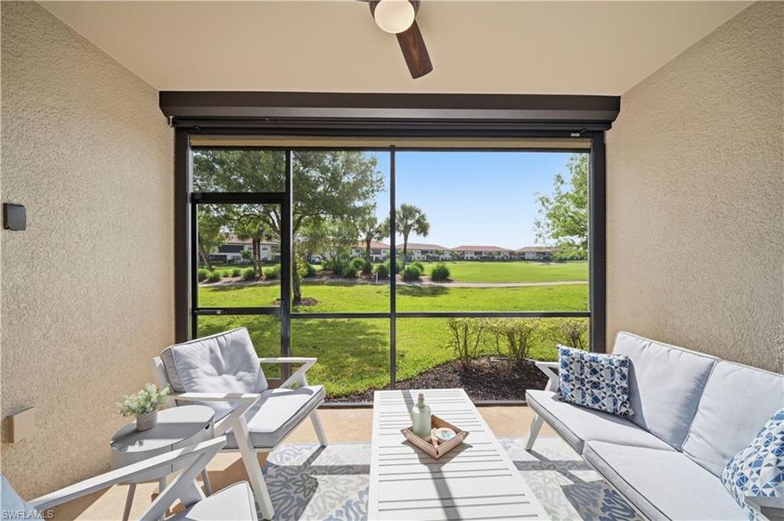 STUNNING GOLF & WATER VIEWS — OFFERED PARTIALLY FURNISHED
Nestled within the prestigious, gated enclave of Esplanade Golf & Country Club, this rarely lived-in 2-bedroom + den end-unit residence embodies refined Naples living. Privately positioned at the end of a quiet cul-de-sac, it captures breathtaking sunrise views over a tranquil lake and the manicured 15th green.
A light-filled, open-concept floor plan flows effortlessly between the living and dining areas—perfect for both relaxed everyday living and sophisticated entertaining. Upgraded lighting enhances the bright, airy ambiance throughout. The beautifully appointed kitchen features white shaker cabinetry, new upgraded stainless steel appliances, granite countertops, and a charming breakfast nook.
The primary suite serves as a serene retreat, complete with dual walk-in closets and a spacious, spa-inspired bath. A private guest suite with en-suite bath offers comfort and privacy for visitors. The versatile den, enhanced by an additional window, includes a custom office and Murphy bed, and can easily be enclosed to create an additional private guest space.
Sliding glass doors open to a southeast-facing lanai—an inviting outdoor sanctuary with sweeping golf and water views—complete with a powered hurricane screen for added comfort and protection.
Additional highlights include a generously sized laundry room with LG ThinQ washer and dryer, a detached 1 car garage, and exceptional seasonal rental potential of up to $8,000 per month.
Impeccably maintained and just five years young, this residence offers the ease of modern construction with minimal anticipated upkeep. THE SELLERS HAVE PAID THE $8,051 CAPITAL IMPROVEMENT PROJECT FEE! Esplanade is set to undergo a series of exciting enhancements including: 4 new indoor PB courts, renovation to the Bahama Bar, expansion of the golf practice range along with a thoughtful course redesign to further elevate the community’s vibrant social atmosphere.
Esplanade Golf & CC was recently recognized with the Outstanding Landscaping Award by the National Association of Landscape Professionals, and it’s easy to see why. As a resident, you'll enjoy an amenity-rich, resort-style lifestyle with access to a spectacular pool area featuring private cabanas and the Bahama Bar for poolside dining and cocktails. The Culinary Center and full-service restaurant offer upscale options for entertaining and everyday enjoyment. Active living is effortless with a state-of-the-art fitness center, Har-Tru tennis courts, pickleball, and bocce. The community also boasts 3+ miles of scenic walking trails, a dog park, and proximity to the Gulf beaches, Founders Square, and the shops /restaurants of Mercato—all within a short 20-minute drive.
Includes a Social Membership and a Club/Sports Membership, allowing limited golf privileges during the in-season within a 2 day booking window. Off season, play as much as you want.  Enjoy the ease and elegance of resort-style living now!