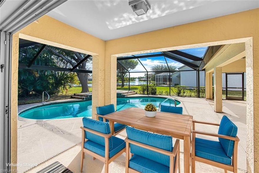 Nestled in the vibrant Cross Creek Estates GATED community on a QUIET & PRIVATE lot, this POOL HOME offers a lifestyle steeped in luxury and leisure. Imagine waking up to the serene view of your private pool, recently enhanced with a NEW CAGE and PICTURE-VIEW SCREEN, all set against the backdrop of a GORGEOUS LAKE. A NEW ROOF (2020) ensures peace of mind, while the built-ins and cozy FIREPLACE add a warm touch for those cooler evenings. Offering 3 bedrooms, 2 full bathrooms, 2 living areas, and a VERSATILE DEN all within 2,000+ sqft, there is space for all your loved ones and favorite activities.  The volume & vaulted ceilings make the space feel even larger and more open.  The primary bedroom features French doors that open to the lanai and a spacious walk-in closet, ready for your customization.  The ensuite provides dual sinks, a vanity station, a walk-in shower, and a large soaker tub to unwind in after a long day.  The eat-in kitchen is large and features an island, crisp white cabinetry, and appliances, with a pass-through window to the lanai, and opens to the family room for easy entertaining.
Enjoy a world where community amenities feel boundless—take a dip in the sparkling pool, unwind in the spa, or break a sweat at the gym.  The clubhouse is a hub of activity, perfectly complementing the tranquility of the sauna.  Stroll along walking and biking paths, or lose yourself in a good book at the community library.  For the sports enthusiasts, pickleball, tennis, bocce, and racquetball courts await, along with a delightful dog park and playground for endless family fun.  Fancy a round of golf?  The Country Club offers a public restaurant/bar and 18-hole golf course for PAY-TO-PLAY, or GOLF MEMBERSHIPS are available at ~$2,000/year.  Convenience is key, with Daniel's Pkwy offering quick access to shopping, dining, entertainment, RSW International Airport, SWFL's beautiful beaches, and two exciting spring training stadiums. This home isn’t just a fabulous property; it’s a rated "BEST VALUE BUY" and a gateway to an exceptional way of living--don't delay!