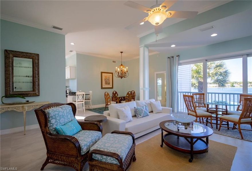 RARELY AVAILABLE TO RENT - TURNKEY - GORGEOUS - LAKEFRONT - REMODELED - GARAGE - 3 Bedroom, 2 Bath Condo in Lakeside. APRIL CANCELLATION - SPECIAL RATE $4500 FOR 2026. This condo has fabulous upgrades including: Open Floor Plan, Wood Floors, Upgraded Kitchen Cabinets with Gorgeous Countertops , Hurricane Sliders, Huge Walk In Closet, Upgraded Bathrooms with High Profile Sinks with Granite Vanities, Extra Storage and Updated Lighting and Fans. Lakeside is a gated community with a 40 acre lake and offers many amenities, including two swimming pools, spa, and a two-story Old Florida clubhouse complete with sauna, weight room, shower, kitchen facilities, library and game rooms. The property features five clay tennis courts, pickleball court, tot playground, shuffleboard, bocce and basketball courts. A 1.5 mile walking path meanders through an award-winning lush landscape including two lighted lake fountains. Lakeside is located close to everything - 5 minutes to Mercato, 10 minutes to Vanderbilt Beach & only 20 minutes to downtown Naples. It is also located in one of the best school district in Collier County.