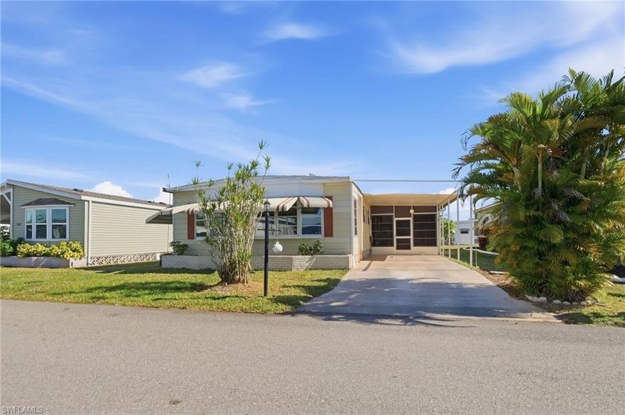 Welcome to Old Bridge Village!  We are a waterfront community across from Downtown Fort Myers, our Marina Area goes directly to the Caloosahatchee River.  You can boat to Sanibel and the Gulf of Mexico or head across the State via the Intracoastal to the eastern coast of the State.  Come explore this young, active 55 and Better community that always has something fun going on!  Your can swim in our NEW, HUGE POOL, you can play pickle ball, tennis, bocce ball, or just relax in our 5+ acre park that runs along the river.  THIS HOME is filled with light, it give you a boost of happiness and energy when you walk through the door.  The Sunroom/Family Room is so welcoming and comfortable, it's the perfect hangout spot.  If you are feeling a little more formal, invite you guests into the living room to chat or into the dining room for a meal.  My favorite room in the house is the Kitchen.  It has all the appliances and goodies you will need to serve a great meal.  The Owners Suite awaits you at the end of your day offering comfortable furnishings to set you up for a good nights sleep.The Owners Bath with Shower is ready for you in the morning saying "Wake up, let's play". The Second Bedroom is nicely sized and very comfortable too!  Across the hall for the Second Bedroom is the Main Bath of the Home.  It features and Bathtub with Shower and Dual Sinks for your guests.  Moving outdoors, a wonderful Screened (with windows) Lanai or Screened Room.  It is a nice place to have dinner or just relax and take in the fresh air.  The Shed and Laundry Room are located in this room, so no raindrops on your head when going from the house to the laundry.  Plenty of space for a handyman's area as well.  Behind the home is an ample backyard ready for your favorite flower garden.  Old Bridge Village is such a wonderful place to live !  I hope you come this this marvelous home located in fun and friendly OBV.  Hope to see you soon!