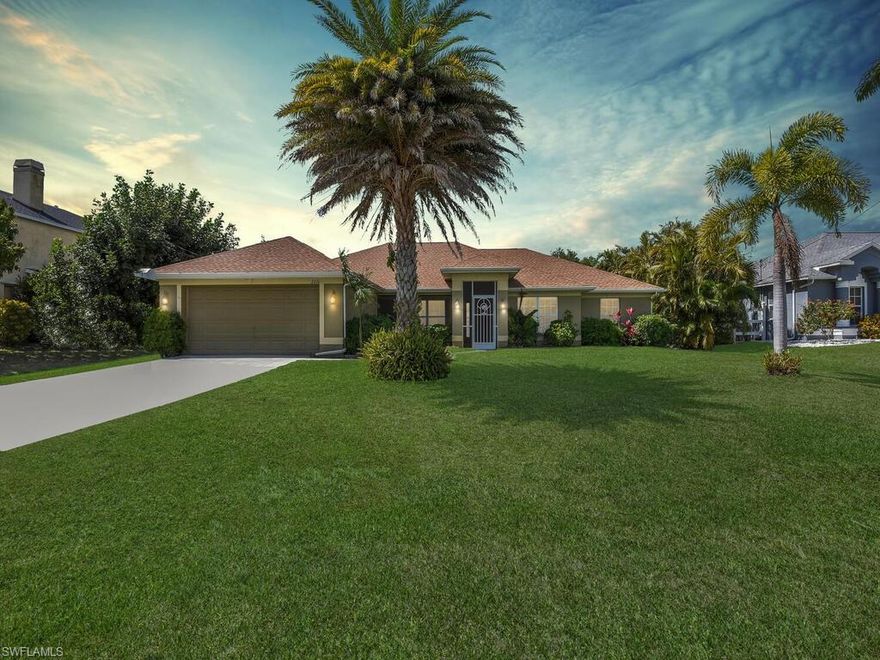 Conveniently located in central SW Cape Coral, this 4-bedroom plus bonus room, 2-bath home is ready for your family. A screened entry welcomes you into a spacious open layout featuring the living room, formal dining area, and bonus room. Tile flooring and warm neutral tones run throughout the home, offering both comfort and easy maintenance.
The kitchen features natural wood cabinetry, granite countertops, and a cozy breakfast nook. To the left of the home, you’ll find a laundry room with access to the oversized two-car garage. Beyond that is the spacious master suite, complete with a walk-in closet and ensuite bath—your own private retreat.
The split-bedroom floor plan provides three additional generously sized bedrooms and a full bath on the opposite side of the home, offering privacy for family or guests. Step outside to the large lanai, perfect for entertaining, and enjoy the secluded fully fenced backyard with plenty of room to add a pool.
This home is equipped with 27 solar panels that supply 110% of the home’s daytime electrical needs. With a reciprocal meter in place, excess power is returned to LCEC, with an annual credit provided.
This home offers space, comfort, and flexibility for everyone in the family. NO HOA, NO FLOOD NEEDED, ZONED X