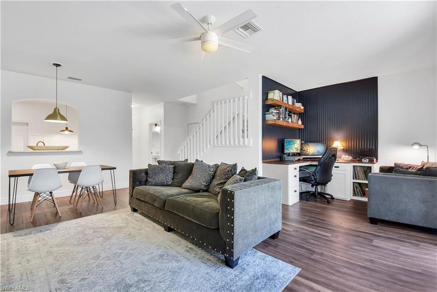 Wonderful townhome in gated community! Situated in one of the fastest growing corridors of Fort Myers and close to all of the conveniences of life along w/ having easy access to I-75 and the Spring Training Fields of the Boston Red Sox & the Minnesota Twins. This 2-story home offers a comfortable layout w/ great room design, spacious kitchen w/ breakfast nook, half bath off of foyer, open front lanai, screened rear lanai, all three bedrooms on second floor, and a one car garage. Stunning custom woodwork can be found throughout- built-in seating in breakfast nook, built-in home office area off of great room, wainscoting, and shiplap walls. You will love the low-maintenance living that Colonnade At The Forum offers, plus it has activities for every member of the family- pool, exercise room, basketball, tennis, BBQ/picnic area, and a covered playground.