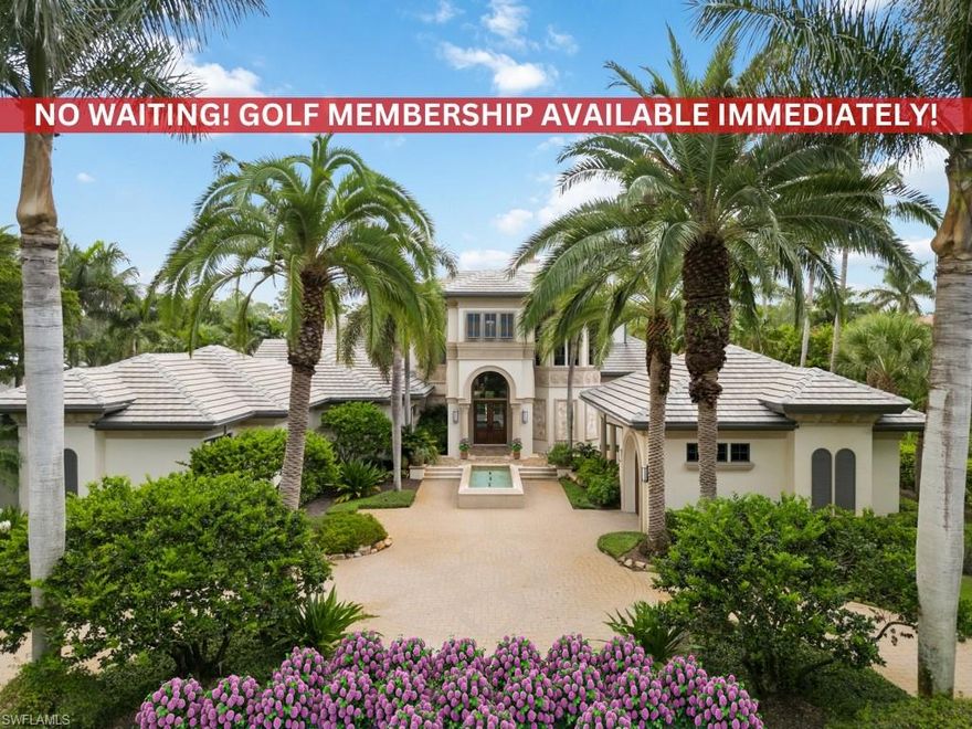 Discover the magnificence of this Harwick estate, situated amidst a sprawling stretch of golf course and lake vistas. A grand fountain entry offers an impressive welcome, leading to the luxurious five-bedroom residence with a versatile den and seven bathrooms. This opulent residence is a testament to refined elegance. Amenities include a modern theatre, a temperature-controlled wine cooler, a fully equipped wet bar adjacent chef-inspired kitchen, and spacious guest suites, all adding to the appeal of this architectural gem. The home's grandeur is amplified by soaring ceilings with wood beam accents and abundant natural light from large windows. The outdoor space is an entertainer's dream, with an expansive lanai, a state-of-the-art summer kitchen, an upgraded grill, and a covered seating area. The luxurious tropical pool and spa offer a serene retreat with stunning water features and an outdoor fireplace & seating area which adds a cozy touch to this awe-inspiring home in Mediterra; A prestigious luxury golf & country club community in Naples, featuring Two championship Tom-Fazio golf courses for avid golfers, a private beach club with a restaurant & bar, multiple tennis courts, pickle-ball & bocce, fitness center, pristine bike & jogging trails, and luxurious dining at the private country club restaurant.