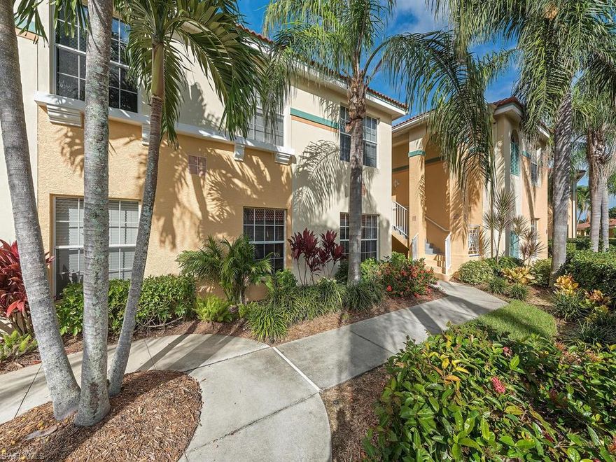 C.14111 - Beautiful FIRST FLOOR condo with western exposure and gorgeous lake views! Warm, rich colors in this immaculately maintained 2 bedroom/2bath with den or third bedroom home with carpet in living areas and tile in kitchen, baths and lanai.  Kitchen has upgraded cabinets and stainless steel appliances.  Light fixtures and ceiling fans are upgraded. New air cond and new hot water heater. Lighthouse Bay at The Brooks is walking distance to Coconut Point Mall with the finest shopping and restaurants and only a 15 min drive to the beach. Lighthouse Bay offers a Resort-Style Pool, lap pool, Clubhouse, Hot Tub, Sauna, Gym, Library, Tennis Courts with pro, Active Bocce Program, Activity Director, 42 acres of lakes.