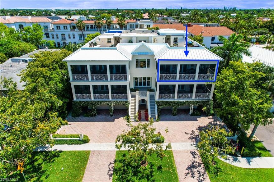 Move-In Ready! What an amazing opportunity to live in the heart of Olde Naples, FL NOW. You need to see it to believe it. This 3 bedroom 3 full bath + den residence is the ONLY home with a den/ home office offered at the highly sought-after Rooftops on Fourth. Live luxuriously in downtown Naples. This elegantly appointed penthouse has the most charming city views, stunning sunsets, and even has a view of the gulf from your private rooftop retreat.  Truly a one of a kind gem to acquire; this opportunity won't last! Parking is a breeze; your three-car private garage is air conditioned.(Plenty of guest parking too) The updates and features are quite unparalleled:timeless interior design, all new appliances, gorgeous owner’s suite with updated bath, two inviting en-suite guest bedrooms with updated baths, custom lighting, tray ceilings, automatic living room blinds, automatic lanai screens, new designer carpeting in bedrooms and den, interior private elevator that takes you to your rooftop terrace, hot water on your rooftop kitchen and so much more! Rooftops on Fourth is right near the prestigious Fifth Ave South that has upscale shopping, dining, and right near the sugar sand beaches.