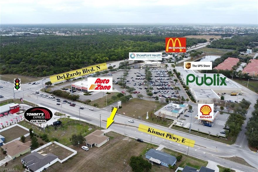 Strategically located east of Del Prado Boulevard on Kismet Parkway, just South of the Publix-anchored shopping center and adjacent to the newly developed Tommy’s Car Wash, this property offers a premier position in Northeast Cape Coral. Situated near the VA Hospital within a rapidly expanding commercial corridor, the site benefits from outstanding visibility, strong traffic exposure, and convenient access. Zoned Commercial with a Commercial Professional future land use designation, the property is well-suited for office, medical, or investor use. Currently leased through the end of July at $1,600 per month, this represents an excellent opportunity to acquire an income-producing asset in a high-demand growth area.