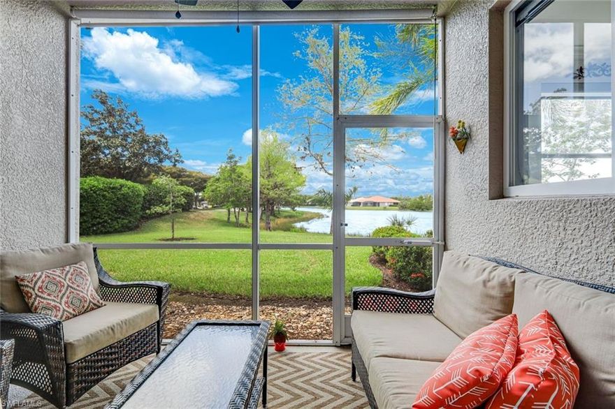 Immaculate FORMER MODEL with EXPANSIVE WATER VIEWS! Well appointed, light, bright and a FIRST FLOOR Beauty! The Owners took exceptional care and enhanced along the way with New AC, Plantation Shutters, Window Treatments, CUSTOM PAINT, Shower Door(s). The unit is spotless. THE ANCHOR OF ESTERO- Bella Terra spans across 500 acres of natural beauty, including 100 acres of tranquil lakes and 400 acres of lush conservation preserves. Residents enjoy access to a world-class 7,000 sq. ft. clubhouse featuring a state-of-the-art fitness center and a resort-style pool complete with a spa and waterfall. The amenity-rich lifestyle continues with a secondary ancillary pool, pickleball, tennis, bocce, and basketball courts, as well as multi-use ball fields and a beach volleyball court. For those seeking unique recreation, the community also boasts an inline skate park, a serene butterfly garden, and a dedicated tot-lot playground. Whether you are relaxing in your bright, updated first floor condo or exploring the vast nature preserves, this property offers a rare combination of modern reliability and resort-style luxury.