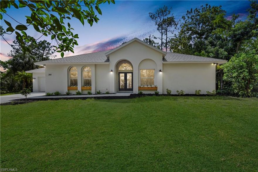 Completely remodeled single family home on acreage in Naples! Situated on almost 2.3 acres of land, this 5 bedroom + den home is surrounded by natural Old Florida landscaping including tall pine trees and features a winding drive that goes all the way to the rear property. Remodeled from wall-to-wall & ceiling-to-floor the home offers an almost 2,100sf of under air living space w/ an open concept living design & great room layout, fantastic kitchen design (w/ floating shelving, gorgeous backsplash, cottage-style cabinetry, stainless steel appliances, granite countertops, a tongue & groove ceiling, and an island w/ breakfast bar), fireplace in great room w/ thick wood mantel, wood-like plank laminate flooring in main living areas & master, industrial-cottage light fixtures & mirrors, lots of natural lighting (w/ glass French door front entry, arched windows, large panel sliders to lanai, and a Bay window system in dining room), cathedral ceiling in great room, screened rear lanai w/ tile flooring, and a 2-car garage w/ epoxy floor & utility sink. Located just South of Golden Gate Pkwy w/ easy access to all city life has to offer while enjoying a very private country setting.