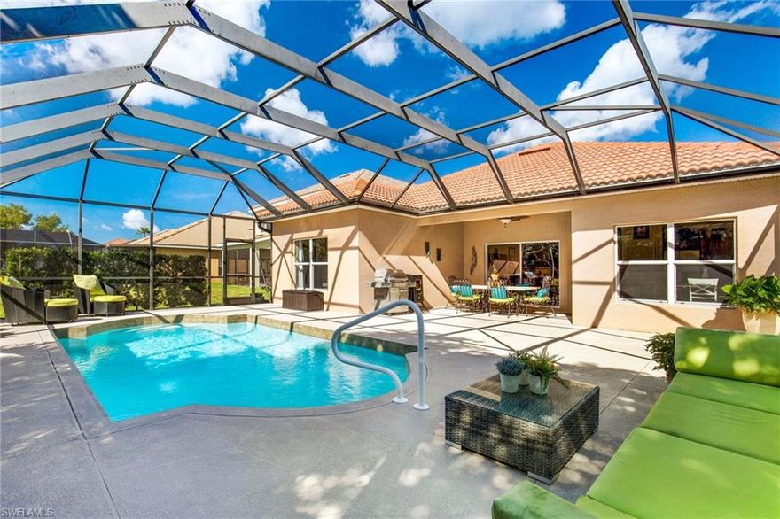 Prime Location!!! Welcome to Promenade West one of The Forum most desired communities in Fort Myers FL.  This wonderful Single Family Pool Home is very well maintain, situated in a Cul-De-Sac  street, features nearly 1,700 Sq. Ft of living space, 3 large  Bedrooms,  2 Full  Bathrooms, and 2 car garage. Main Door leading to the Foyer, vaulted ceilings, formal dining room, family room, breakfast bar, kitchen nook, granite countertops, newer stainless steel appliances, newer light fixtures, newer washer and dryer,  excellent natural light. Spacious Master Bedroom with vaulted ceilings. Master Bath has dual sinks, large walk-in-shower,  and 1 big built-in walk-in closet, Tile flooring in all living areas. Step out through the sliders from the great room to the massive screened lanai and pool With peaceful views of landscaped areas, beautiful landscaping around the home and great access to all local amenities,  Promenade West is a friendly and active community with very low HOA fees! Located minutes from I-75 and the Forum shops and restaurants to choose from. Close to several theaters, weekend concerts & games at the stadium and Fort Myers International Airport! Call today!!!