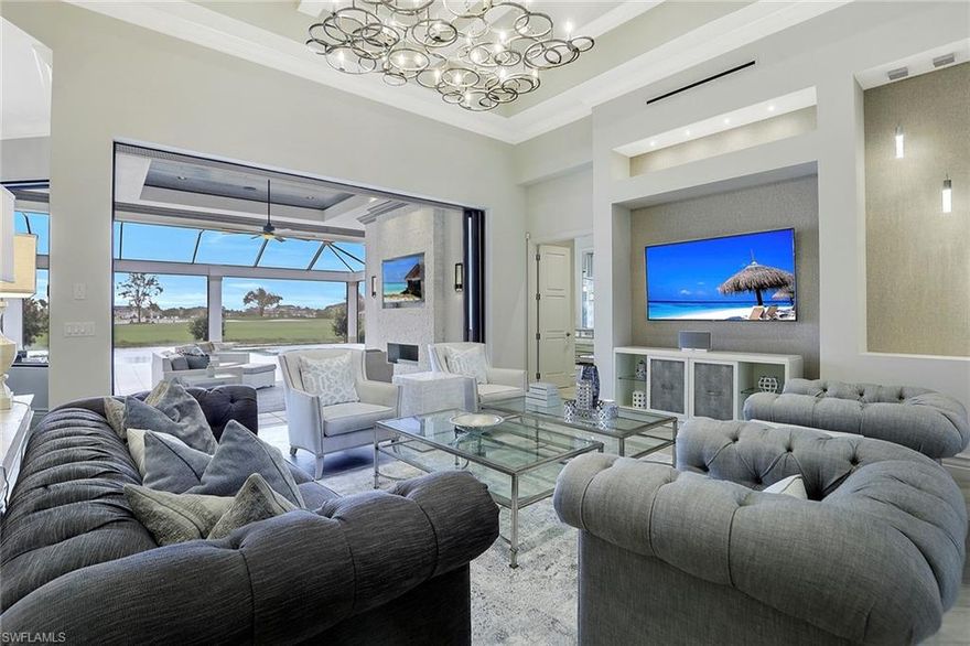 Rare opportunity is PRICED TO SELL IMMEDIATELY. One of the best water & golf course views in sought-after Talis Park. Large circular drive for ample parking & ease. Light-filled Great Room with 16 ft ceilings. Custom features and top quality craftsmanship. Tone-on-tone coastal elegance & soft clean lines. Modern wood-look porcelain tile & (2nd floor) wood floors. Designer features, gourmet kitchen, 2 center islands, state-of-the-art appliances, full-wall backsplash, breakfast nook. Nearly 2,600 square feet of elegant outdoor living, infinity edge pool/spa, outdoor kitchen, bar island, floor-to-ceiling fireplace with built-in TV. Master bedroom retreat with 14 ft ceilings, spectacular master bath, dual walk-in shower, soaking tub. Custom built-ins and closet systems throughout.