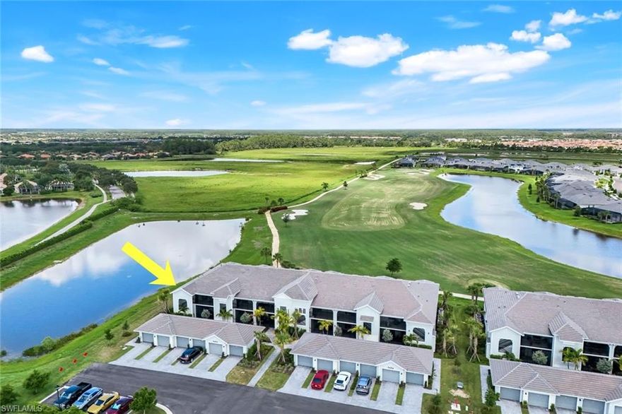 This stunning Arabella II model in the prestigious Veranda Condominium series comes TURNKEY FURNISHED with the Social Membership. With 2 Bedrooms & Den, 2 Full Baths and a detached garage, this location is prime, with no building next to you ... just lake and manicured golf vistas. Built in 2023, this desirable and secure 2nd floor corner unit features a vaulted ceilings, with lots of light spanning an impressive 1,569 square feet, making it the largest residence in the collection. This like-new home features breathtaking panoramic golf course and lake views that sweep from the front around the corner to the side and back, showcasing spectacular vistas. The exceptional corner location provides truly unobstructed sightlines rarely found in the community. If you enjoy a beautiful sunset view, this has it! The thoughtfully designed floor plan includes 2 spacious bedrooms plus a versatile den, 2 full bathrooms, and expansive enclosed lanais at both front and rear, perfect for year-round outdoor enjoyment. Premium finishes throughout include elegant diagonal tile in main living areas, plush bedroom carpeting, modern stainless steel kitchen appliances, luxurious quartz countertops, sophisticated 42-inch cabinetry, and elegant crown molding. Impact glass throughout. Practical conveniences include a detached 1-car garage with a paved driveway offering additional parking space for a second vehicle. Your water & sewer, TV cable and internet wifi are all included. Embrace the ultimate Southwest Florida resort lifestyle with world-class amenities including a sparkling resort-style pool with lively Tiki bar, tennis and pickleball courts, bocce, on-site restaurants, state-of-the-art fitness center with luxurious spa and sauna, and an elegant clubhouse. Experience the beauty and tranquility of Ave Maria, Florida,one of the fastest-growing communities in America. Schedule your private tour today and see why this exceptional corner unit represents an unparalleled opportunity for the resort-style buyer.