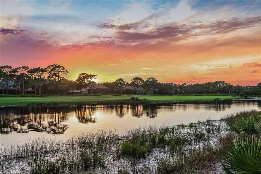Panoramic lake & golf course views and stunning sunsets from this beautiful home built by Borelli Construction. Improvements include new roof 2019, 2 new Lenox AC units 2019, exterior painted 2019, new solar pool heat 2017, new water heater 2016 and all-electric hurricane shutters 2008. Excellent for entertaining with open floor plan, huge zero-edge pocket sliders leading to spacious one-level lanai, large lap pool, spa and summer kitchen. Architectural details include squared windows, 14-foot ceilings, gorgeous ceiling detail and dramatic 9-foot mitered glass windows. Open kitchen with center island, maple cabinets with many pull-outs and drawers, double oven & Sub-Zero refrigerator. Spacious master suite with 2 sets of pocket sliders, sitting area, large bath with jacuzzi tub and walk-in shower. Special features include plantation shutters, crown molding, double mahogany doors, wet bar with refrigerator and extensive front and rear landscape lighting. Collier’s Reserve is just 2 miles to Vanderbilt Beach and offers a gorgeous championship Arthur Hill golf course, active tennis, pickleball, bocce, state-of-the-art fitness center and signature riverfront dining.