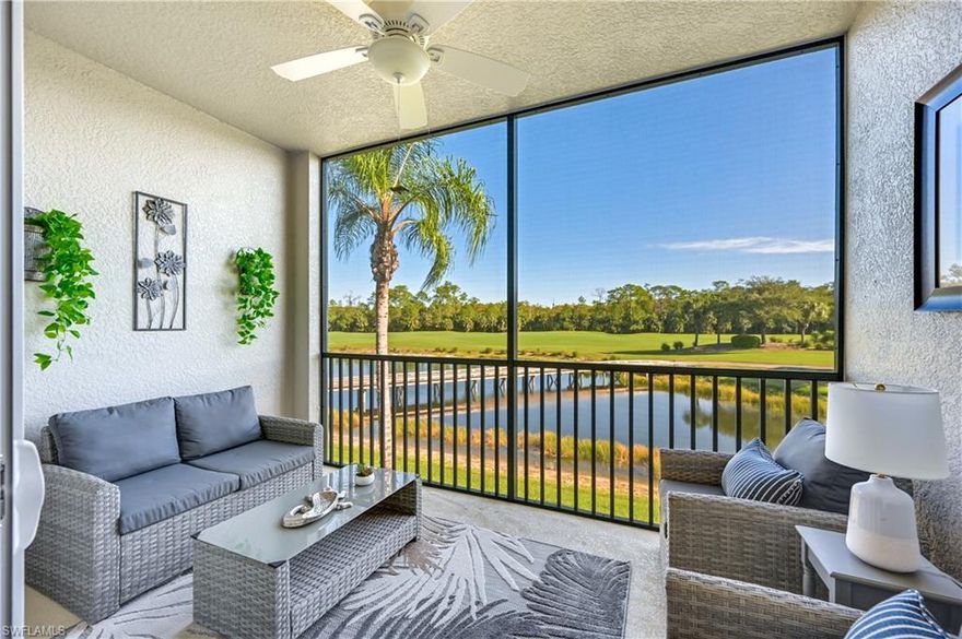 C11847 A TRUE GEM IN HERITAGE BAY GOLF AND COUNTRY CLUB. Buy now and be ready to hit the links this winter in Naples Florida! Bring only your luggage to this beautifully TURNKEY decorated 2nd floor condominium with a private panoramic view of the golf fairway and lake! An easy to manage floor plan with a breakfast room, kitchen with SS appliances, spacious bedrooms, laundry in residence, outdoor screened patio and an exterior storage closet large enough for beach chairs, bicycles, and golf equipment plus a deeded private carport. NEW living, dining, patio and bedroom furniture purchased less than one year ago and sleeps six comfortably! You'll love relaxing on the lanai overlooking HOLE #13, a Par 3 with your morning coffee before starting a fun-filled day at Heritage Bay! Resident members enjoy a 27-hole Lewis-Azinger designed championship golf course,  fitness center, tennis, pickle ball, resort style pools, poolside restaurant, and a beautiful clubhouse for a reasonable annual fee. The dining and social are exemplary, and the CABANA, the member favorite has casual fare and a fully stocked poolside bar. GOLF MEMBERSHIP INCLUDED. New owners can RENT this property easily in season!