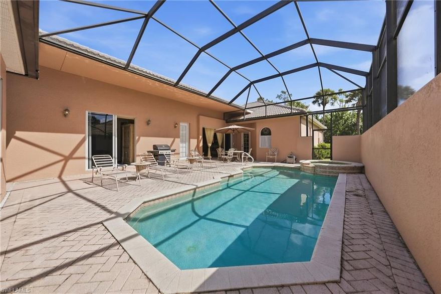 Set on a quiet oversized lot in Carlton Lakes, this original owner courtyard pool home offers a rare combination of privacy, flexibility, and value in North Naples. The detached casita features a bedroom, closet, and full bath, making it ideal for guests, a home office, or extended stays. The screened courtyard is the heart of the home, centered around a saltwater pool and heated spa that create an inviting indoor outdoor setting for both everyday living and entertaining. Inside, the split floor plan offers natural light, comfortable living space, and a layout that lives larger than expected. Surrounded by mature landscaping with a private preserve feel and minimal traffic, this home has been lightly used as a seasonal residence and carefully maintained by its original owners. Bedroom carpeting was updated with durable Lifeproof carpet. Located in gated Carlton Lakes with clubhouse amenities, tennis, bocce, walking and biking paths, fishing pier, and a prime North Naples location close to shopping, dining, and Naples beaches. Roof inspection completed March 2026.