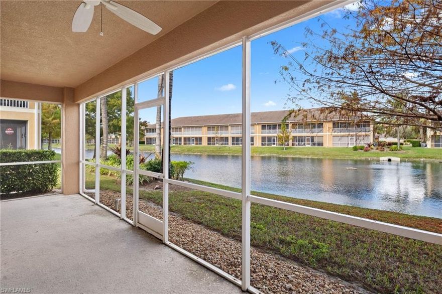 Located in the sought-after Casa Di Fiori community in North Cape Coral, this first-floor coach home offers a combination of comfort, functionality, and serene lake views. Featuring 1,273 square feet of living space, the residence showcases a desirable great room layout with split bedrooms, three bedrooms, and two full bathrooms—ideal for both everyday living and hosting guests.  Luxury vinyl plank flooring runs throughout the home, creating a cohesive and modern feel. The kitchen is both stylish and practical, appointed with dark granite countertops, crisp white wood cabinetry including an oversized pantry cabinet, and stainless steel appliances. The open living space extends to a spacious screened lanai overlooking the lake, providing a peaceful setting for morning coffee or evening relaxation.  A detached one-car garage adds convenience and is outfitted with heavy-duty storage shelving. The unit is located outside of a flood zone and includes storm shutters for added peace of mind.Casa Di Fiori is known for its well-maintained grounds and impressive amenities, including a resort-style pool, tennis and pickleball courts, fitness center, clubhouse, and bocce ball court. CLOSE TO FT MYERS and Conveniently located near shopping, dining, and major roadways, this home delivers an easy, low-maintenance lifestyle in a welcoming community.