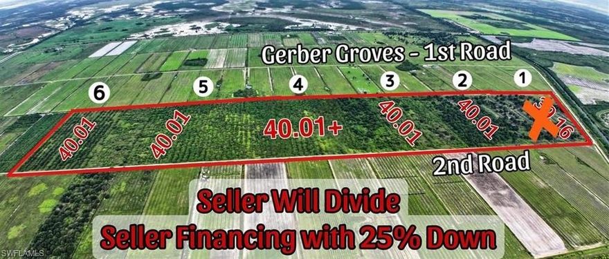 SELLER FINANCING WITH 25% DOWN!  This 200 acres of prime farmland is located in Hendry County’s Gerber Groves Water District.  Seller will consider dividing, but prefers to sell tracts in 40 acre tracts or more. These parcels all face north (rear - south) with a canal running directly behind the south end. Gerber Groves Water District collects fees with property taxes and these fees go towards maintaining the farming community: roads, canals and water district pumps. Gerber Groves properties benefit from being part of the Gerber Groves Water Control Drainage District with water usage and drainage in place for all Gerber Grove land owners as part of the district’s South Florida Water Management District agricultural subdivision permit. Taxes are paid with property taxes on annual basis. Gerber Groves is located south of LaBelle and north of Felda and Immokalee in a popular farming area with some agricultural offices, packing houses and homes. It is in close proximity to State Highway 29 and in a central location for moving all varieties of crops. 

Why Gerber Groves? Gerber Groves offers exceptional farmland with the added benefit of a well-managed water control system, vital for successful agricultural operations. This property is located in Section One of Gerber Groves. Section One is the most desired section best for farming purposes. This property is perfectly positioned for efficiency and productivity, making it an ideal investment for serious farmers and investors. Don’t miss this rare opportunity to secure high-quality farmland with flexible financing and additional perks.

Seller Financing! 25% Down, 8%, 30 yr am, 5 year balloon.