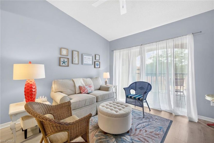 The perfect getaway—top-floor penthouse 1BR/1BA with vaulted ceilings and an open, airy feel. Offered turnkey with brand-new, barely used coastal furnishings, fresh paint, and upgraded luxury vinyl plank flooring. Smart, efficient layout with washer/dryer in unit, and a brand new A/C (2025).
Unbeatable location—Fresh Market, Starbucks, and HomeGoods right next door. Just 3 miles to Bonita Beach and Barefoot Beach, 2.5 miles to Downtown Bonita Springs’ dining, breweries, and live music, and a short drive to Coconut Point, Miromar Outlets, and RSW Airport.
Easy, stylish, and low-maintenance—everything you want in a Southwest Florida escape.
