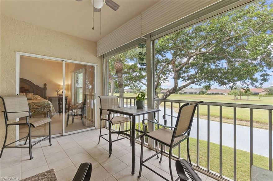 Discover your pristine vacation home in this second-story, west-facing 2-bedroom, 2-bathroom condo at the Golf Condos within the exclusive Spanish Wells Golf & Country Club, perfectly positioned along the golf course. With no neighbors above—a sought-after perk of top-floor living—this residence offers added privacy, soaring vaulted ceilings, and refreshing cross-breezes flowing from the front entry through to the rear lanai, creating a light and airy atmosphere throughout. This unit features updated impact-resistant windows, a storm door, AC, water heater, new toilets, an electrical panel, luxury vinyl flooring in the kitchen and dining room, and newer kitchen appliances. Enjoy breathtaking sunset views from your screened lanai overlooking a tranquil pond and the golf course. The property includes a one-car garage, an exterior parking space, and golf cart storage. Sold turnkey. Experience the charm of this meticulously maintained condo—ideal for relaxed living or entertaining. Don’t miss out—schedule a showing today!