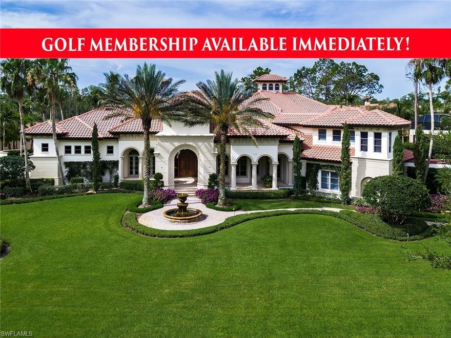 GOLF MEMBERSHIP IMMEDIATELY AVAILABLE!  Masterfully designed two story estate by Kurtz Homes with fantastic Southern exposure lake & golf course views. This striking residence features wood adorned volume ceilings, climate controlled wine cellar, elegant marble & wood flooring & unparalleled outdoor views. State of the art stainless steel built in appliances, light wood cabinetry, granite center island & countertops are found in the gourmet kitchen. Two sets of 90 degree disappearing sliders in the spacious family room provide seamless transition from indoor to outdoor living. The main floor master suite is a relaxing retreat with a luxurious master bath with a jetted soaking tub, his & hers vanities & walk in steam shower with lush garden views. The second story loft encompasses two guest suites, home theater & additional bonus room all with a covered wrap-around veranda. With outdoor access from almost every room in this estate, the covered multi-level lanai allows for endless entertaining, featuring a covered fireplace, summer kitchen, dining areas & lighted bocce ball court. Flowing lake & golf course views.