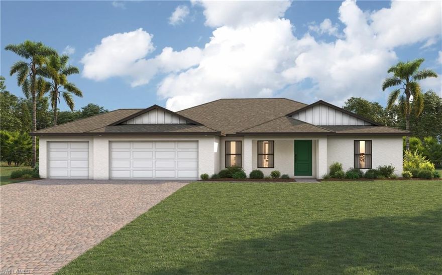 MOVE-IN READY – new construction with warranty!  CITY WATER/SEWER HOMESITE – ALL ASSESSMENTS PAID! The St. Augustine blends elegant design with everyday functionality, offering the perfect balance of indoor comfort and outdoor living. A welcoming covered front porch leads into the heart of the home, where an open-concept layout with a vaulted ceiling creates a sense of spaciousness and flow. The dining area with double windows, gourmet kitchen with a freestanding island and pantry, and expansive Great Room with sliding glass doors all work together to maximize natural light and create an inviting atmosphere. Step outside to the large covered lanai—ideal for relaxing or entertaining.  The private Primary Suite is a true retreat, featuring two generous walk-in closets and an en-suite bathroom with a dual sink vanity, a tiled walk-in shower, and a large linen closet for added convenience. On the opposite side of the home, three additional bedrooms provide flexibility for family, guests, or the perfect home office.  Additional features include:  Quartz countertops in kitchen and baths, Shaker-style cabinetry with soft-close doors, stainless steel kitchen appliance package, upgraded plank tile flooring in main living areas, hurricane-impact windows and doors, covered entry, and an attached 3-car garage with direct access to the laundry room.  Pictures, renderings, & virtual tour are of similar home & are used for display purposes only.